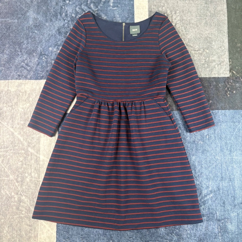 Maeve Anthropologie Brenna Navy Burgundy Striped Textured Fit Flare Dress Size 8